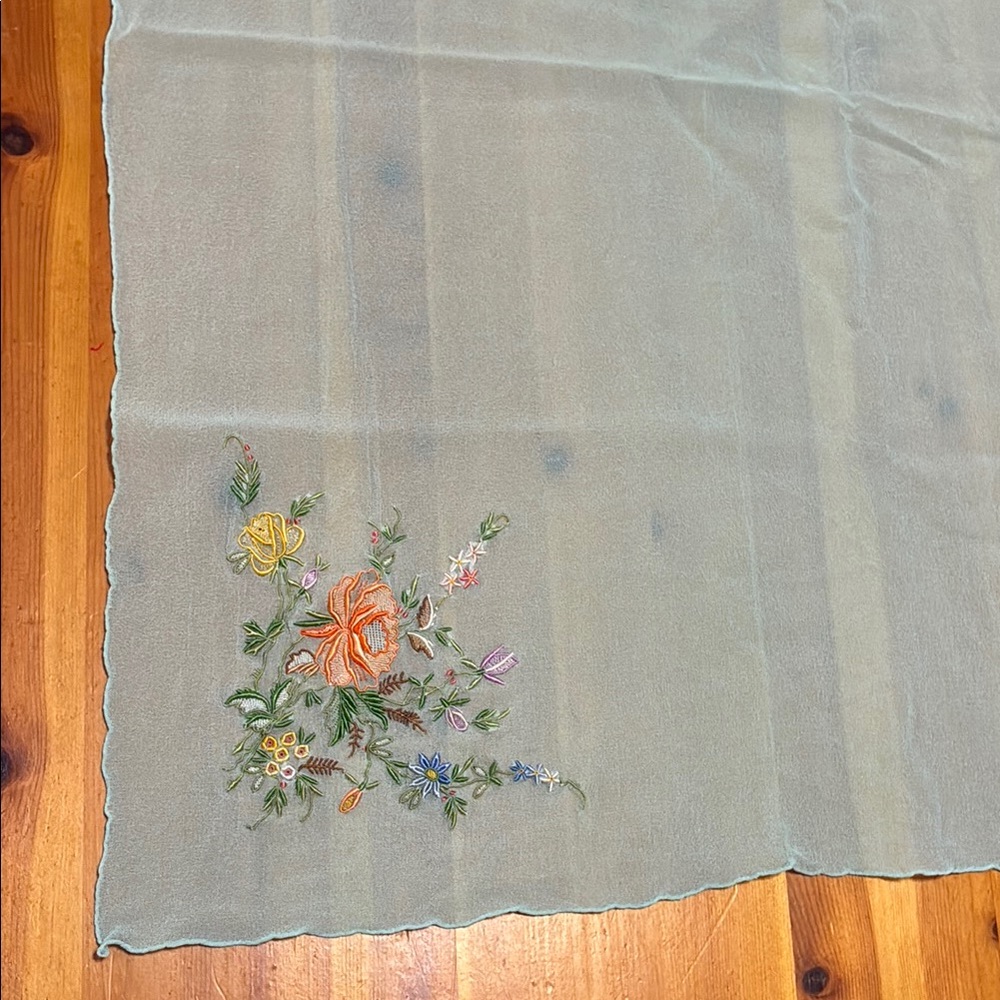 Vintage Chiffon Floral Embroidered Scarf in Light Blue - Picture 8 of 10